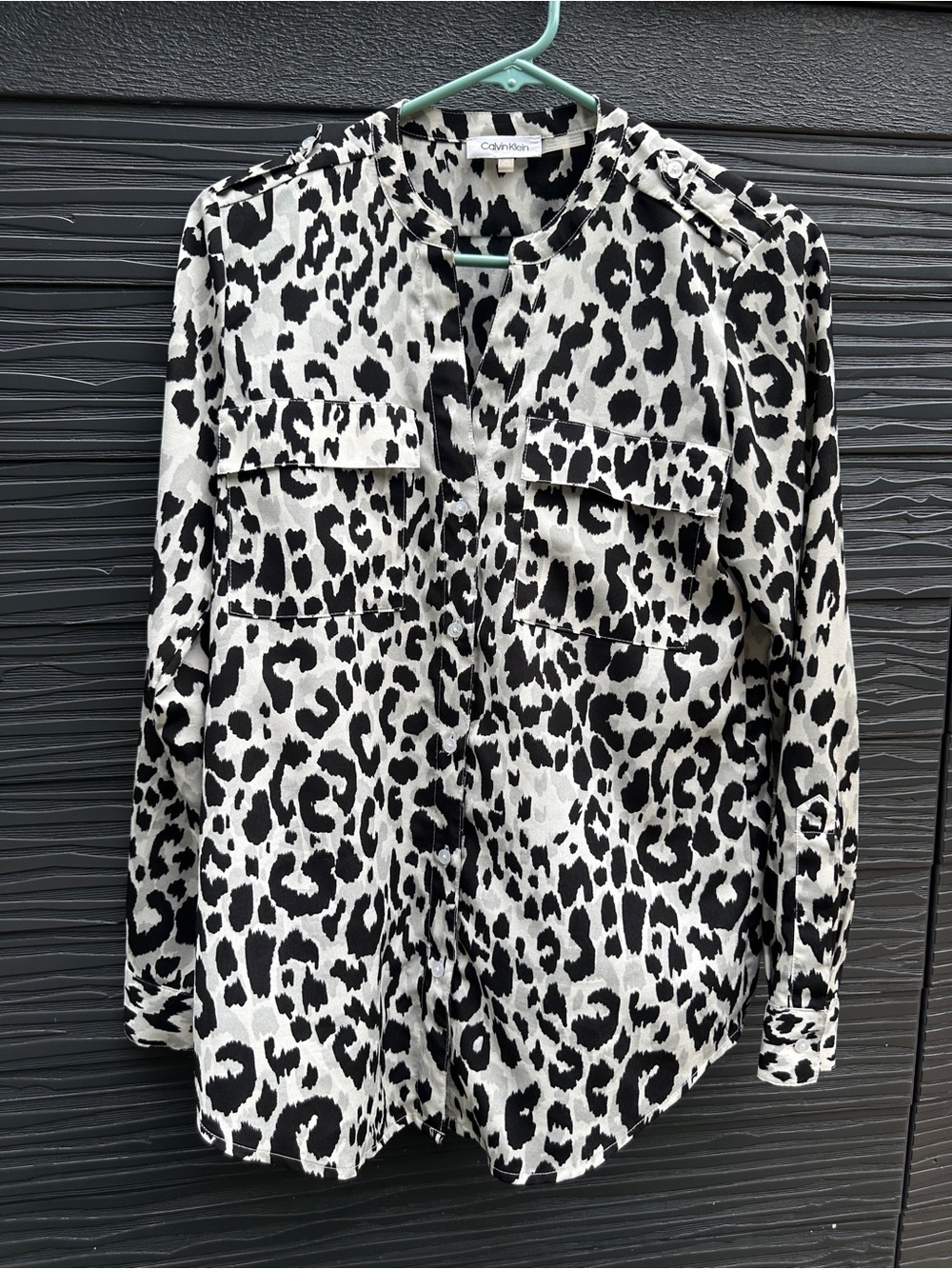 Calvin Klein Leopard Print Button Front Blouse Women’s XS Black White L/S
